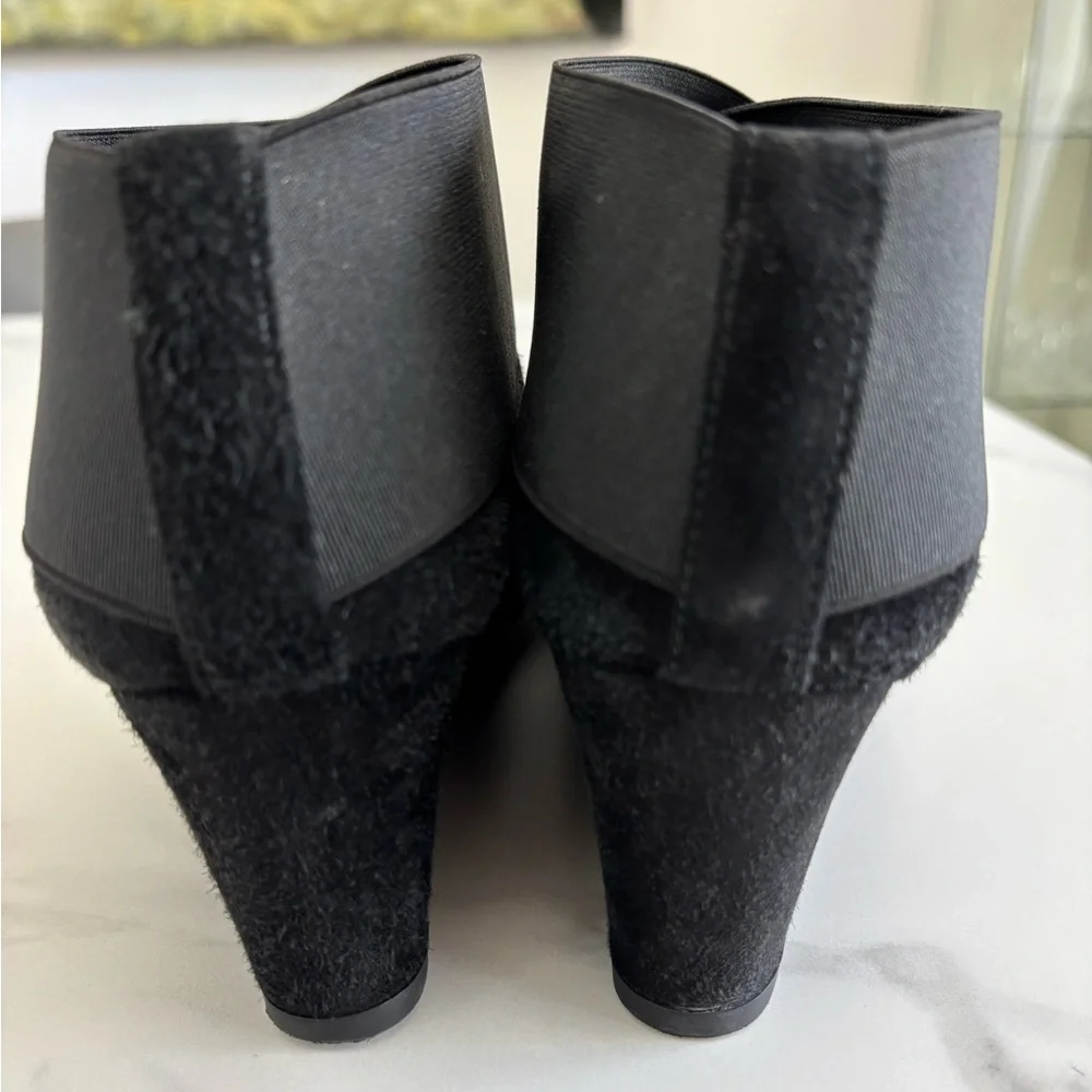 Stuart Weitzman black suede wedge booties with elastic straps size 8